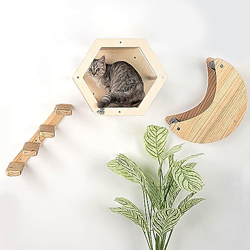 3-teiliges Katzen-Wandmöbel-Set, Hängematte, Sechseckhaus, Kletterstufen, Wandregale, Sitzstangen und Betten, modernes Design für große Katzen und Kätzchen von Zella Products