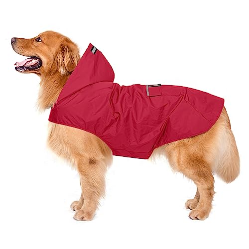 Zellar Hunderegenmantel mit Kapuze & Kragenloch & Sicheren Reflektierenden Streifen, Ultraleichte Atmungsaktive 100% wasserdichte Regenjacke für Mittelgroße bis Große Hunde, Rot, 6XL von Zellar