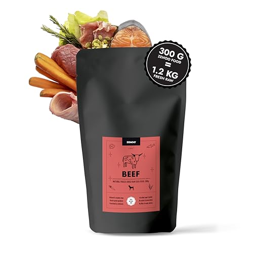 Gefriergetrocknetes Hundefutter - rohes Rindfleisch mit Gemüse, Fisch & Kräutern, hypoallergen & getreidefrei, nierenschonendes trocken hundefutter, gefriergetrocknet Snacks, 300g=1.2kg Nass Dog Food von Zenoo