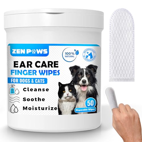 Zenpaws Ohrenreiniger für Hunde und Katzen, lindert Juckreiz und Entzündungen, reduziert Schmutz, Geruch und Wachsbildung, natürliche Inhaltsstoffe, beruhigt und desodoriert, 50 Stück von Zenpaws