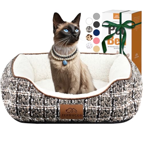 Braunes Tweed-Katzen-Hundebett für Haustiere, rechteckiges Haustierbett, Geschenk für Welpen und Kätzchen, maschinenwaschbar, beruhigend, flauschig, für drinnen und draußen, tragbares, weiches von Zerbuger