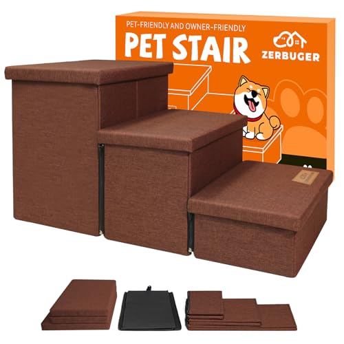 Hundetreppe mit Stauraum, 45,7 cm hoch, 3-stufige breitere Hundetreppe für kleine, mittelgroße und große Hunde und Katzen, zusammenklappbar, stabile Haustiertreppe, Kletterbett oder Sofa, Rampe für von Zerbuger