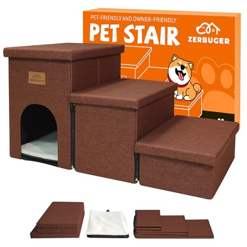 Hundetreppe mit Stauraum, 45,7 cm hoch, Hundetreppe für hohe Betten, faltbare Haustiertreppe für kleine, mittelgroße oder große Hunde, Welpen für Bett und Couch, Rampe für Auto, hält bis zu 90 kg von Zerbuger