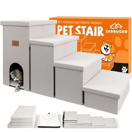 Hundetreppe, Hundetreppe für hohe Betten, Faltbare Haustiertreppe für kleine Hunde, Welpen, Hund mit Stauraum für Bett und Couch, hält bis zu 68 kg (Beige-Grau, 4 Stufen mit Wohnung) von Zerbuger