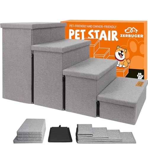 Hundetreppe, Hundetreppe für hohe Betten, zusammenklappbare Haustiertreppe für kleine Hunde, Welpen, Hunde mit Stauraum für Bett und Couch, Katzen-Hunderampe hält bis zu 68 kg (Smok Grey, 4 Stufen von Zerbuger