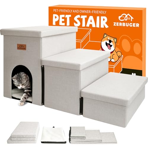 Hundetreppe, Hundetreppe für hohe Betten, 44 cm hoch, faltbare Haustiertreppe für kleine, mittelgroße oder große Hunde, Welpen mit Stauraum für Bett und Couch, Hunderampe für Auto, hält bis zu 90 kg von Zerbuger