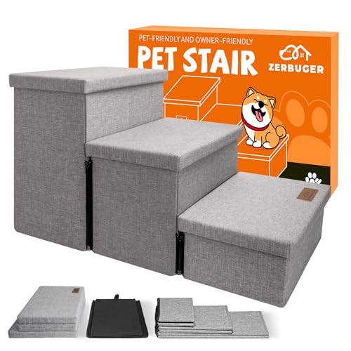 Hundetreppe, Hundetreppe für hohe Betten, Faltbare Haustiertreppe für kleine, mittelgroße oder große Hunde, Welpen mit Stauraum für Bett und Couch, Katzen-Hunderampe hält bis zu 68 kg (Smok Grey, 3 von Zerbuger