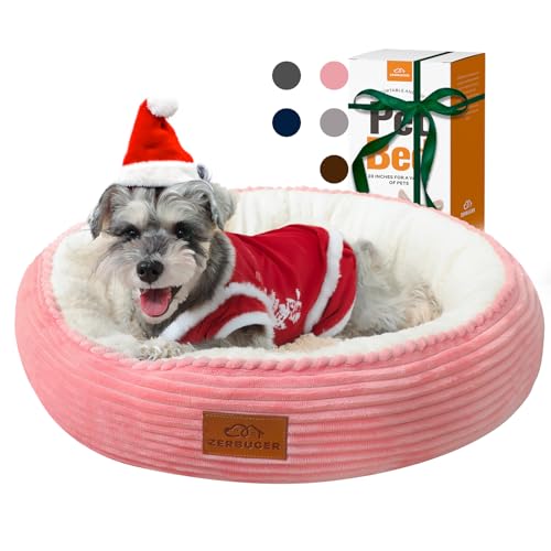 Zerbuger Rundes Donut-Haustierbett für Katzen, kleine Hunde, Welpen, Kätzchen, waschbar, 58,4 cm, rutschfeste Unterseite, beruhigendes Bett, Geschenk – Rosa von Zerbuger