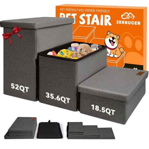 Zerbuger Hundetreppe für hohe Betten, zusammenklappbare Haustiertreppe, Geschenk für Hunde und Welpen, mit Stauraum für Bett, Couch, Katzen-Hunderampe, hält bis zu 90 kg (Dunkelgrau, 3 Stufen, keine von Zerbuger