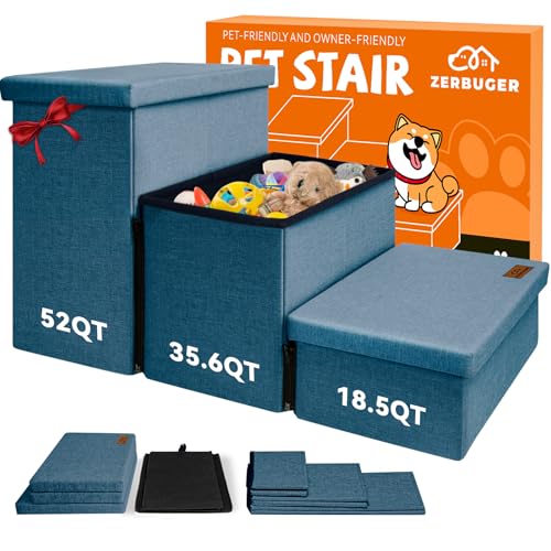 Zerbuger Hundetreppe für hohe Betten, zusammenklappbare Haustiertreppe, Geschenk für Hunde und Welpen, mit Stauraum für Bett, Couch, Katzen-Hunderampe, hält bis zu 90 kg (Marineblau, 3 Stufen, keine von Zerbuger