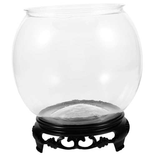 Zerodeko 1 Set transparente runde Kunststoff-Fischschale für Terrarium, Vase, Glas-Terrarium, Globus, Glasblasenschale, Ornament, Desktop-Fischschale, Büro, mit Sockel, Blumentopf, Holz von Zerodeko