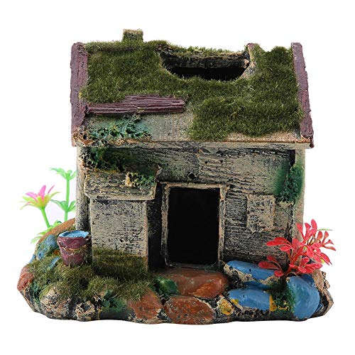 Aquariumhaus aus Kunstharz, antikes Haus, Aquarium-Landschaftsbau, Fische, Garnelennest, Beflockung, Versteckhöhle mit Moos als Aquarium-Ornament von Zerodis