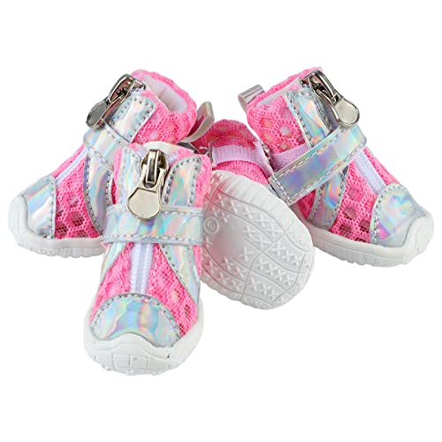 Zerodis 4 Stück Hundeschuhe für Kleine Hunde, Hundeschuhe, Sommer-Hundeschuhe, Stilvoll, Leicht, Atmungsaktiv, aus Mesh, rutschfeste Sohle, Pfotenschutz für Heiße Gehwege (Rosa) von Zerodis