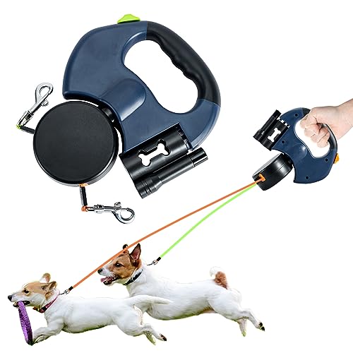 2 Stück einziehbares Seil mit Taschenlampe – Hundetaschenhalter für Seil mit LED-Licht, Doppelkopf-Design, Hundeseil mit Kotbeutelhalter, einziehbares Seil für kleine und mittelgroße Hunde von Zestvria