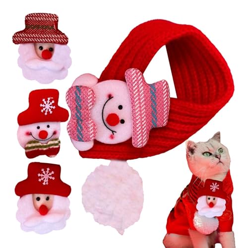 Zestvria Katzen-Weihnachtsschal,Katzen-Weihnachtsmann-Schal - Kätzchen-Welpen-Schal - Gestrickter Haustier-Halswärmer-Schal, Warmer Hunde-Winterschal mit 4 Weihnachtsmann-Dekoren für Hunde und Katzen von Zestvria