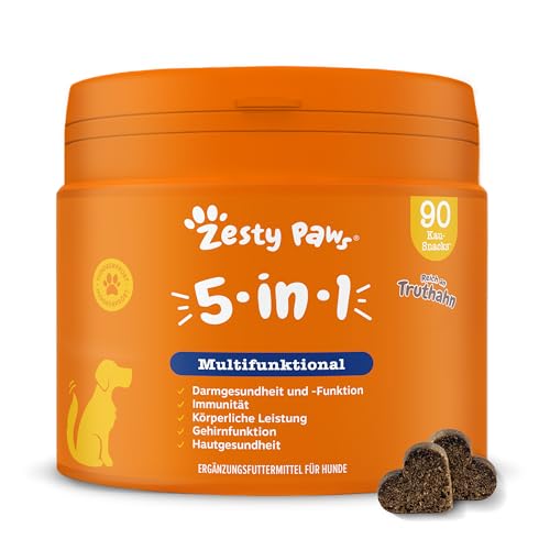 Zesty Paws 5-in-1 Multivitamin für Hunde | Weiche Hunde Leckerlis - Biotin für Hunde für das Gehirn | Darmfunktion & Haut, Wohlbefinden, Leistungsfähigkeit und gegen Stress | Für alle Hunde | 90 STK von Zesty Paws