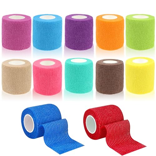 12 Rollen Selbstklebender Verband, 5cm x 5m Selbsthaftende Bandage für Erste Hilfe, Elastische Fixierbinde Cohesive Bandage Haftbandage für Hund/Katze/Füße/Fingerpflaster/Knöchelverstauchungen von Zeuwets