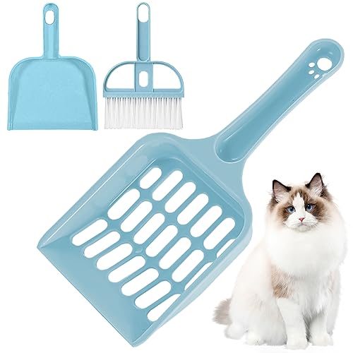 Zeuwets Katzenstreu Schaufel, 2 Pcs Katzenstreuschaufel Kunststoff, Katzenstreu Scooper, Katzenklo Schaufel mit Langem Griff & Besenset, Plastikstreuschaufel Cat Litter Scoop für Haustier Katzen Hunde von Zeuwets