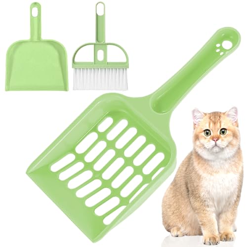 Zeuwets Katzenstreu Schaufel, 2 Pcs Katzenstreuschaufel Kunststoff, Katzenstreu Scooper, Katzenklo Schaufel mit Langem Griff & Besenset, Plastikstreuschaufel Cat Litter Scoop für Haustier Katzen Hunde von Zeuwets