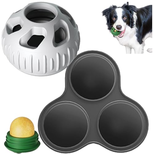 Hunde-Puzzlespielzeug, 2024 Hunde-Puzzlespielzeug Befüllbares Hundespielzeug Interaktives Hundeballspielzeug beschäftigt Ihren Hund Schleckball Hund Futterball für Hunde (Grau Ball+Schwarz Platte) von Zezzo