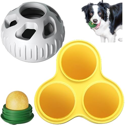 Zezzo Hunde-Puzzlespielzeug, 2024 Hunde-Puzzlespielzeug Befüllbares Hundespielzeug Interaktives Hundeballspielzeug beschäftigt Ihren Hund Schleckball Hund Futterball für Hunde (Grau Ball+Gelb Platte) von Zezzo