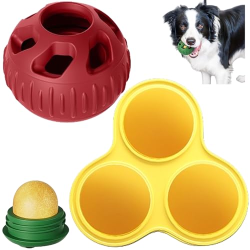 Zezzo Hunde-Puzzlespielzeug, 2024 Hunde-Puzzlespielzeug Befüllbares Hundespielzeug Interaktives Hundeballspielzeug beschäftigt Ihren Hund Schleckball Hund Futterball für Hunde (Rot Ball+Gelb Platte) von Zezzo