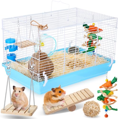 Zhengmy 9-teiliges Hamster-Starter-Set, Hamsterkäfig mit komplettem Zubehör inklusive Laufrad, Hamster-Kauspielzeug, Futterschale, Wasserflasche, Kokosnusshütte, Hamsterhaus, Bett, 18,5 x 11,81 x von Zhengmy