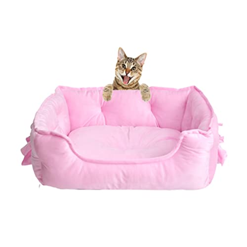 ZhuiKun Hundekorb Rechteckig Haustierbett Weicher Flanell Hundebett Katzenbett Hundesofa Katzensofa mit Schleifenverzierung (Pink, L) von ZhuiKun