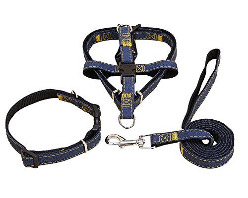 Hundegeschirr und Leine Set Einstellbare & Dauerhaft & Stabil Brustgeschirr Denim & Nylon Hundeleine für Kleine, Mittlere und Große Hunde Perfekt für Walking Laufen Training Black3-Stück L von ZiXing