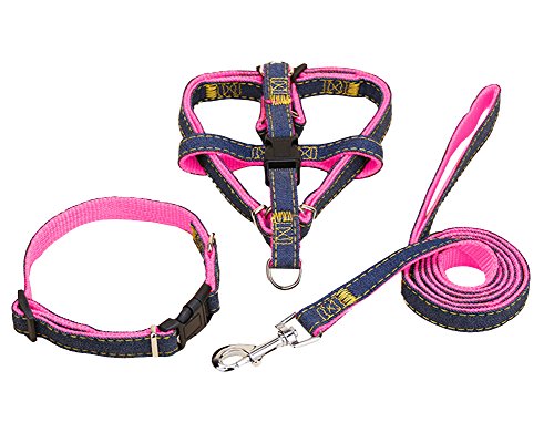 Hundegeschirr und Leine Set Einstellbare & Dauerhaft & Stabil Brustgeschirr Denim & Nylon Hundeleine für Kleine, Mittlere und Große Hunde Perfekt für Walking Laufen Training Pink3-Stück L von ZiXing