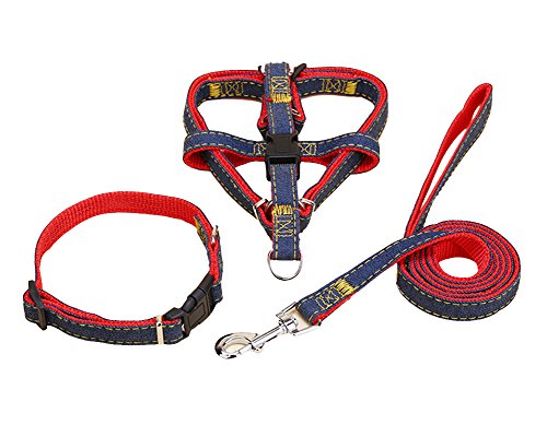 Hundegeschirr und Leine Set Einstellbare & Dauerhaft & Stabil Brustgeschirr Denim & Nylon Hundeleine für Kleine, Mittlere und Große Hunde Perfekt für Walking Laufen Training Red3-Stück L von ZiXing