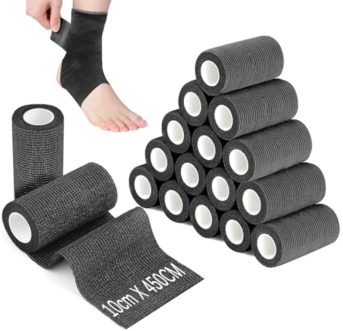 Ziamzra 12 Rollen Selbstklebender Verband 10 cm Breit Selbsthaftende Bandage 4,5 m Verband Schwarz Haftbandage Selbstklebend zum Sport Fixierbinde Selbsthaftend für Handgelenk Finger Knöchel von Ziamzra