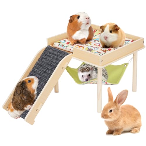 ZibugZag Meerschweinchen Hängematte mit Plattform Holz Meerschweinchen Versteck mit Rampen Meerschweinchen Schloss mit Treppe für Kleintiere Hamster Chinchilla Igel Ratte Zwerg Bunn von ZibugZag