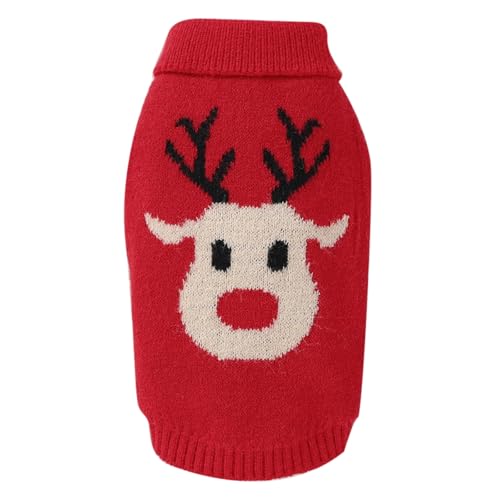 Zjyufy Weihnachtspullover für kleine Hunde und Mädchen, Mops, Weihnachtsstrickpullover, Rentier, Strickwaren, Winter, warmes Sweatshirt für kleine Hunde, Welpen, L, Rot von Zjyufy