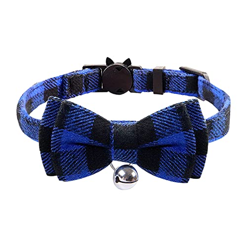 Blaues kariertes Katzenhalsband, Schnellverschluss, Kätzchen-Halsband, Fliege, Sicherheits-Halsband, mit Glöckchen, weiches Schottenkaro-Halsband, verstellbar, für Kätzchen, Welpen, kleine Haustiere von Zngou