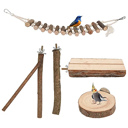 5PCS Vogelsitzstange, Holzvogelsitzstangen-Ständerspielzeug, Käfig-Vogelständer-Spielzeugset, Papageien-stehender Schleifplattformstab mit Schaukel für Vogelkäfigzubehör von Zoeyilan