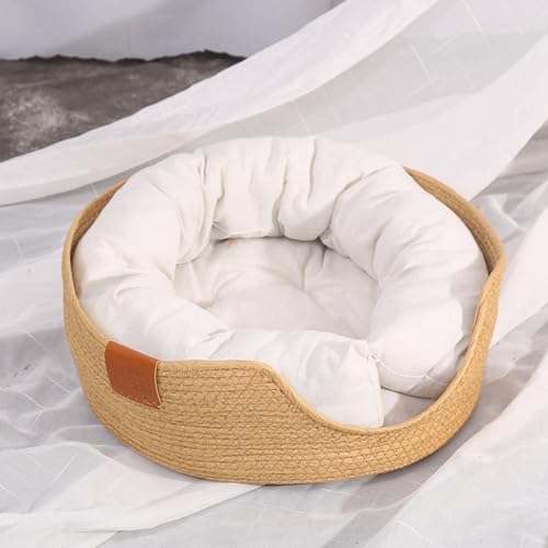 Haustier-Kissenbett, Katzen-Pad-Bett, rundes Haustierbett, handgewebt, weich, warm, atmungsaktiv, tragbar, rundes Katzen-Welpen-Pad-Bett für alle Jahreszeiten (L Bed with Matching Cotton Pad) von Zoeyilan