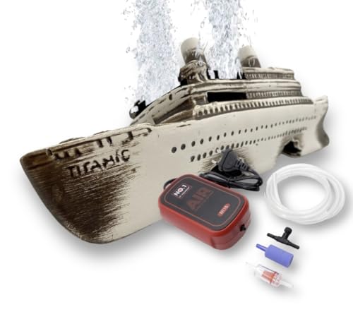 ZooPaul Sprudel Set Keramik Deko und Pumpe + Zubehör Dekoration Aquarium Schiffswrack Titanic Schiff von ZooPaul