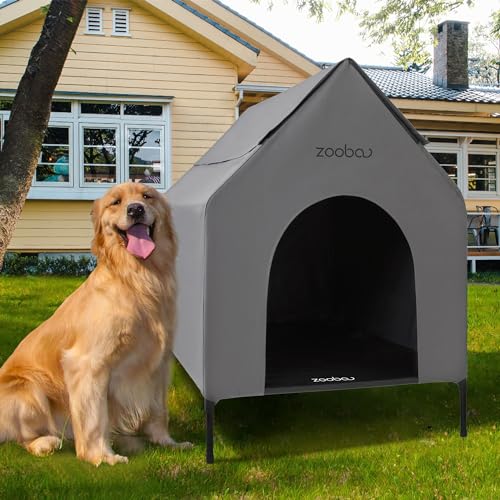 Zooba 91,4 cm große Hundehütte, Hundehütte für große Hunde drinnen oder draußen, wetterfestes 600D-PVC-Hundehaus für den Außenbereich, mit atmungsaktivem 2 x 1 Textilene, erhöhtes Hundebett, leicht zu von Zooba