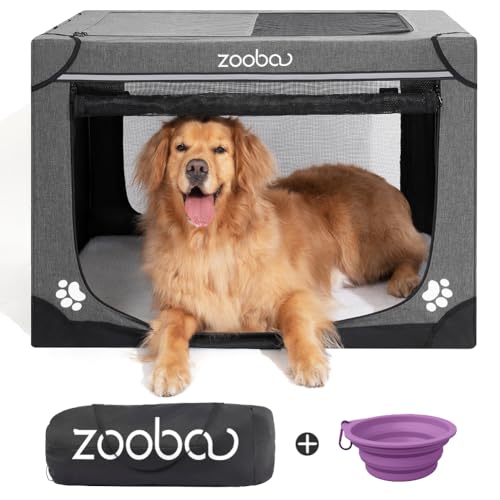 Zooba Tragbare weiche Hundebox für große Hunde, 91,4 cm, zusammenklappbare Reisehütte mit Tragetasche, faltbarer Käfig mit robuster Textilene-Netztür, Plüschbett, ideal für Zuhause oder Reisen, von Zooba