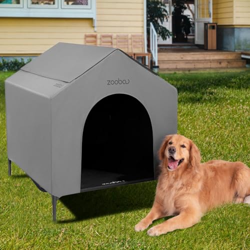 Zooba Hundehütte für große Rassen, strapazierfähig, groß, mit wetterfestem 600D-PVC-Überdachung, atmungsaktives 2x1-Textilene-Gewebe, erhöhtes Hundebett, XL-Hundehütte für den Außenbereich von Zooba