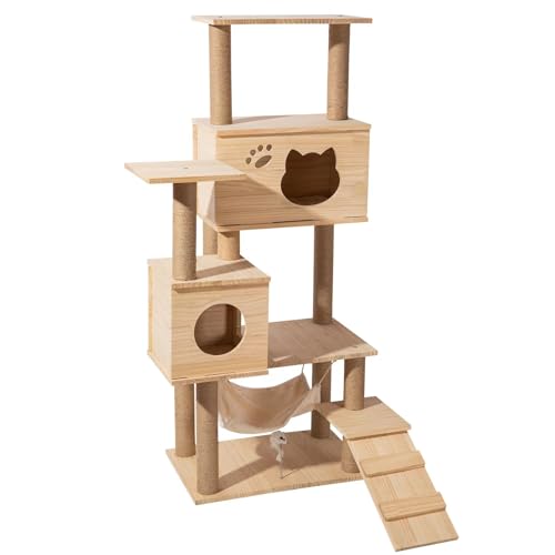 Zooland Katzenbaum Turm für Indoor Katzen, Mehrstöckig Katzenhaus mit Plattformbett, Sisalbaum Kletterbaum Katze Condo Perfekt für Haustier Spiel, Spaß, Ruhe, Kratzen (Holzfarbe, 60x40x150 cm) von Zooland