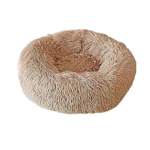 Rundes Donut-Haustierbett, warm, flauschig, Anti-Angst-Hundehütte, langer Plüsch, für den Innenbereich, Katze mit rutschfester Unterseite, Haustiernest, Kuscheltier (40 cm, Hellbraun) von Zoomlie