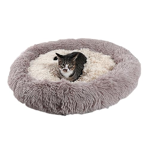 Zoomlie Beruhigendes Donut-Hundebett, weich, lang, Plüsch, Haustierbett, waschbar, rutschfeste Unterseite, Plüsch-Hundematte für kleine/mittelgroße Hunde und Katzen (50 cm, grau-weiß) von Zoomlie