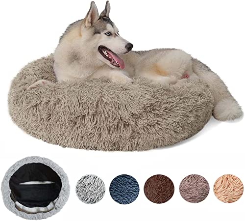 Zoomlie Flauschiger Anti-Stress-Hundekorb, waschbar, abnehmbar, rund, weiches Plüschsofa, Körbe und bequeme Möbel für Hunde und Katzen, Größe XS - 50 cm, Hellbraun von Zoomlie