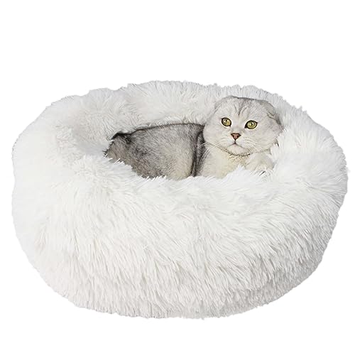 Zoomlie Rundes Hundebett aus Plüsch, abnehmbar, waschbar, rutschfest, super flauschig, weich, 90 cm, Weiß von Zoomlie