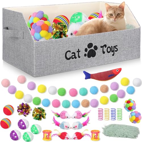 Zopeal 55-teiliges großes Katzenbox-Spielzeug-Set, Aufbewahrungskorb, Haustierbett und Katzenspielzeug, Katzenkissen, Fische, bunte Glockenbälle, Knisterbälle, Plüschmäuse, locken Katzen an, um zu von Zopeal