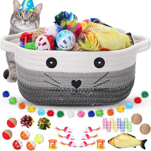 Zopeal 58-teiliges Katzen-Aufbewahrungskorb, Katzen-Geschenkspielzeug-Set, bunte blinkende Bälle, Katzenglocke, Knisterbälle, Katzenfederspielzeug, lockt Katze zum Schlagen, Beißen, Jagen, von Zopeal