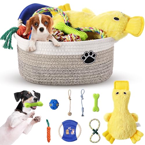 Zopeal 9-teiliges Hundespielzeug-Set, Aufbewahrungskorb, Hundespielzeug, Kauspielzeug, Hundespielzeug, quietschendes Plüsch-Entenspielzeug, Seilspielzeug, Trainingsspielzeug, Hundespielzeugkorb für von Zopeal