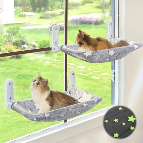 Zoratoo 2 x Katzen-Fenstersitzstange, leuchtet im Dunkeln, schnurlos, faltbar, Haustier-Hängematte für Fenster mit stabilem Metallrahmen, Sternen-Muster, Fensterruhe für Indoor-Katzen (Sterne, von Zoratoo